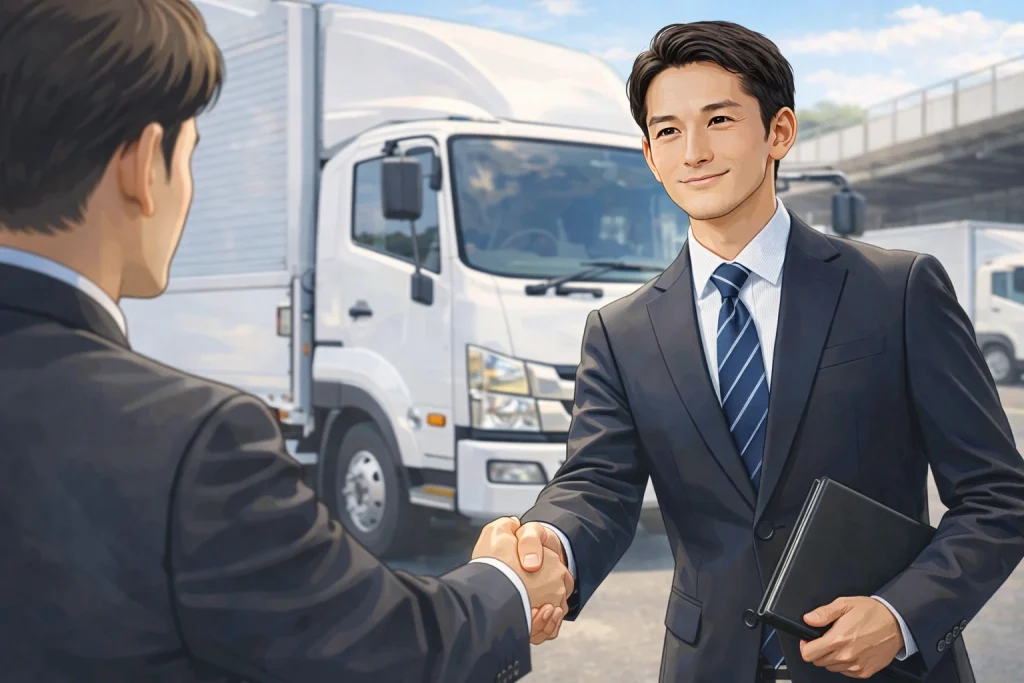 トラックドライバーの面接で採用担当者と握手するイメージ