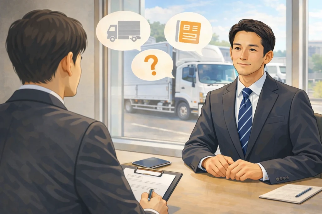 トラックドライバーの面接で担当者と話す応募者