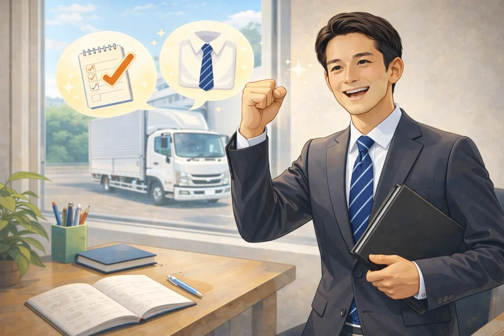 トラックドライバーの面接に向けて服装や準備を整える男性のイメージ