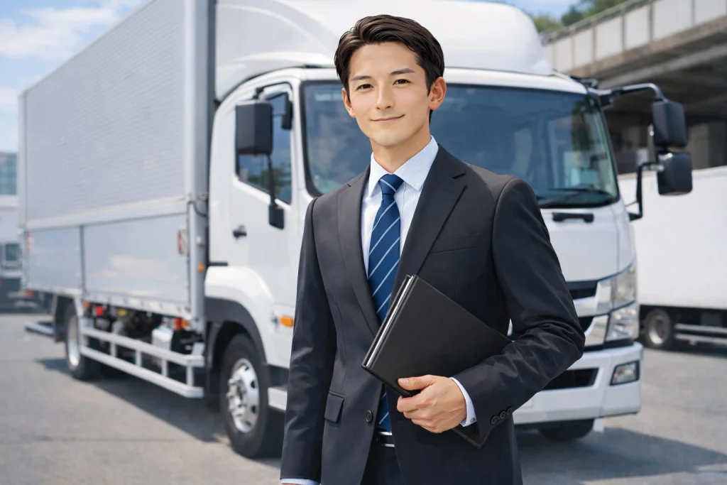 トラックドライバーの面接でスーツを着た男性とトラック