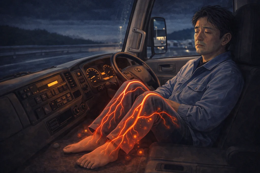 長時間運転による血流リスクを示すイラスト。トラックの助手席で座るドライバーと血流イメージ