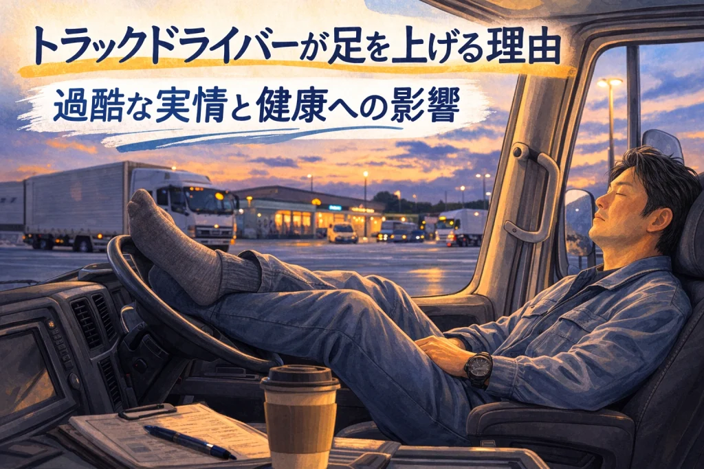 夕方のサービスエリアで足をハンドルに上げて目を閉じるトラックドライバーのイラスト