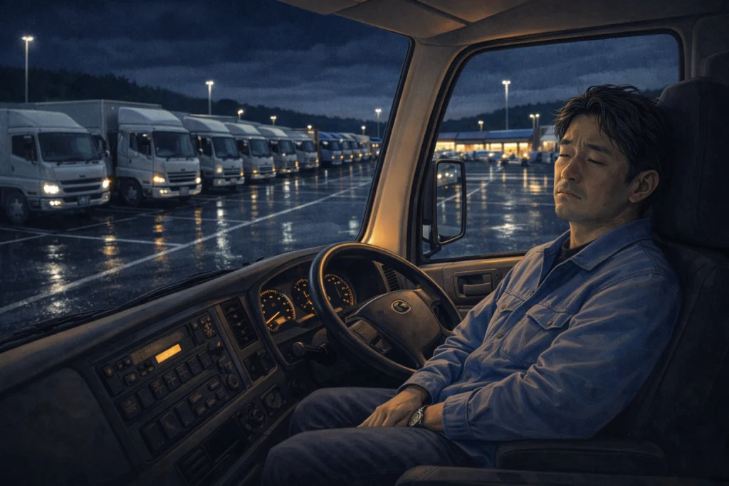 夜のサービスエリアでトラック助手席に座り、疲れた表情で休憩するトラックドライバーのイラスト