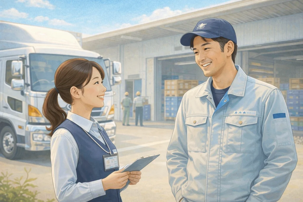 物流センターで会話するトラックドライバーと女性スタッフのイラスト