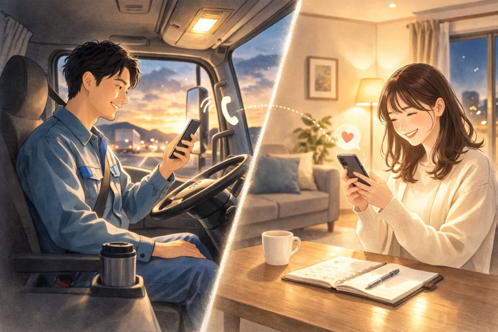 長距離トラックドライバーの男性と自宅にいる女性がスマートフォンで通話やメッセージをする様子のイラスト