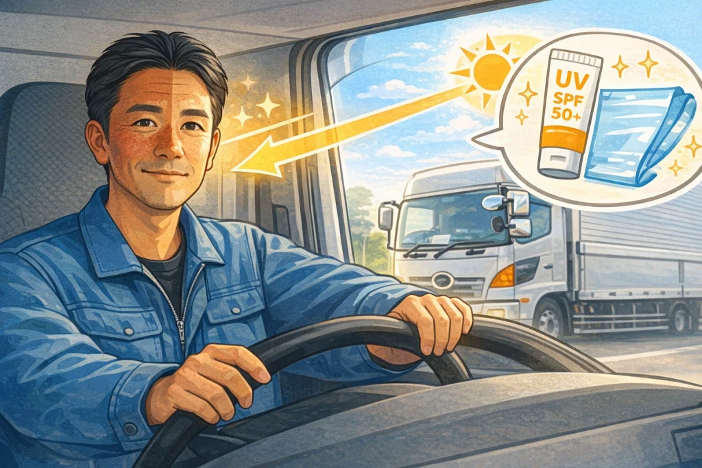 トラックドライバーの顔が半分だけ日焼けする原因（窓ガラスを透過するUVAの影響）