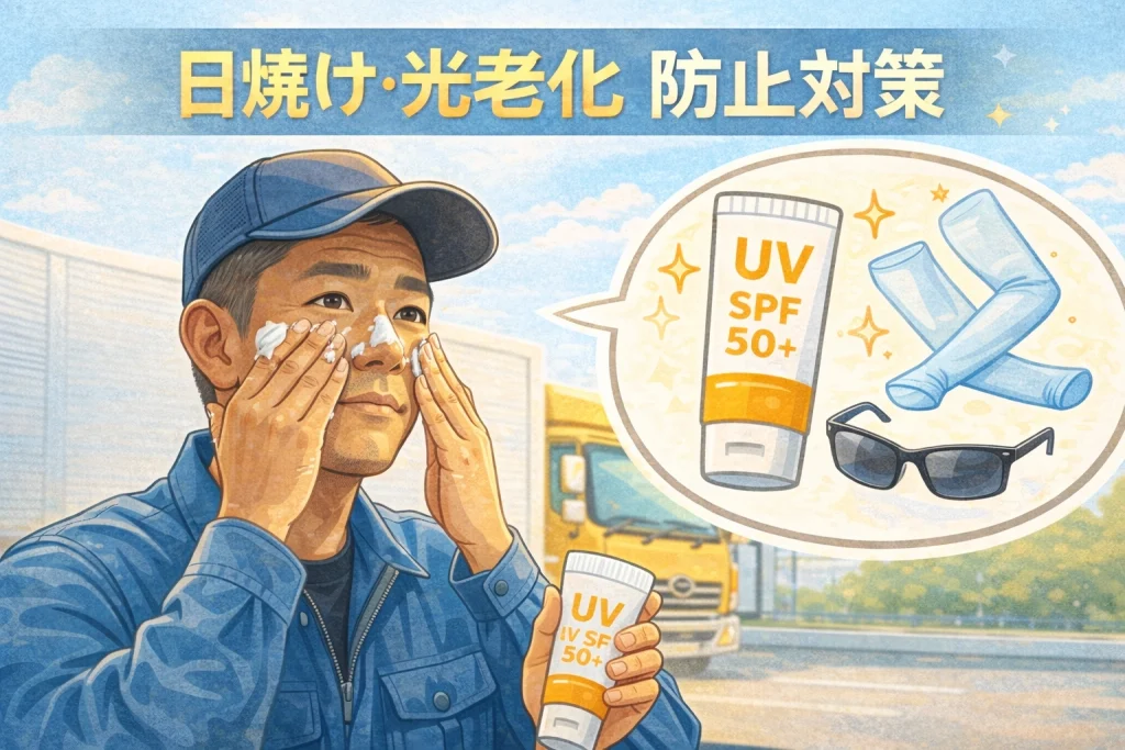 トラックドライバーの日焼け対策（SPF50+日焼け止め・アームカバー・サングラスによる紫外線防止）