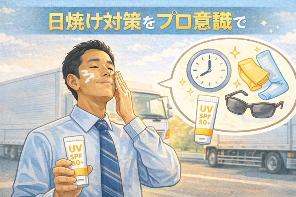 トラックドライバーがプロ意識で日焼け対策を行う様子（SPF50+日焼け止め・紫外線対策グッズ）