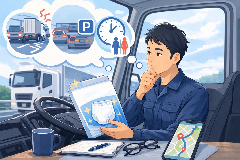 おむつを手に取り対策を考える男性トラックドライバーのイラスト