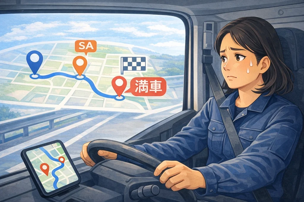 満車のサービスエリアに入れず困る女性トラックドライバーのイラスト