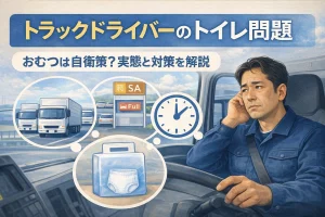 トラックドライバーのトイレ問題とおむつ対策を解説するアイキャッチイラスト