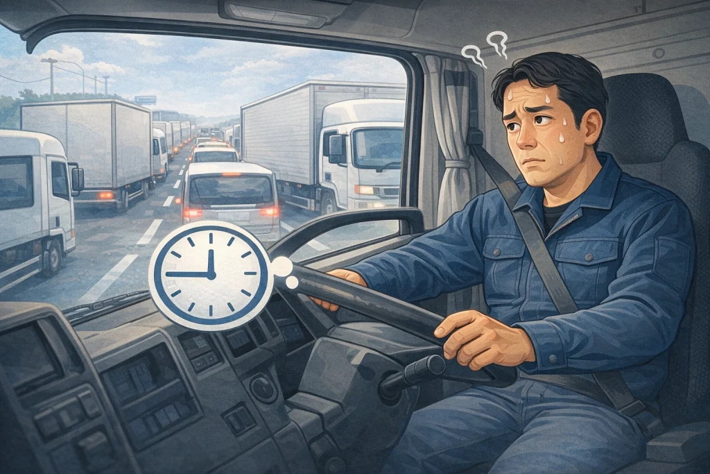 渋滞中にトイレに行けず困るトラックドライバーのイラスト