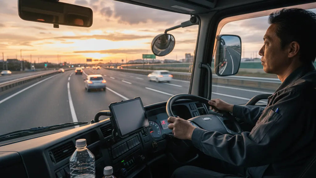 夕暮れの高速道路を走る大型トラックの運転席から、前方を真剣な表情で見つめる日本人男性トラックドライバーの横顔。運転席のダッシュボードには飲料のペットボトルが置かれている。