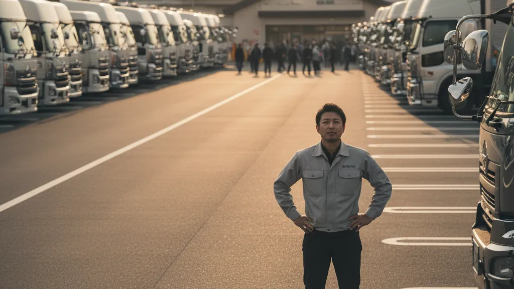 高速道路のサービスエリアの大型トラック駐車スペースで、駐車できずに困っている様子の日本人男性トラックドライバーが、他のトラックで埋め尽くされた駐車場を見つめている。
