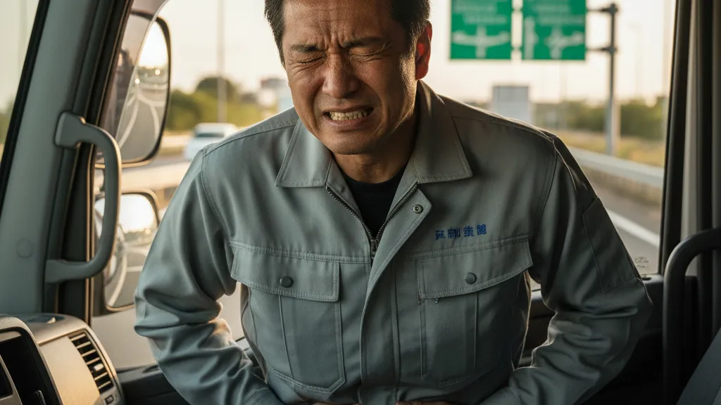 トラックの運転席で、尿意を我慢している日本人男性トラックドライバーが、苦しそうな表情でお腹を押さえている。