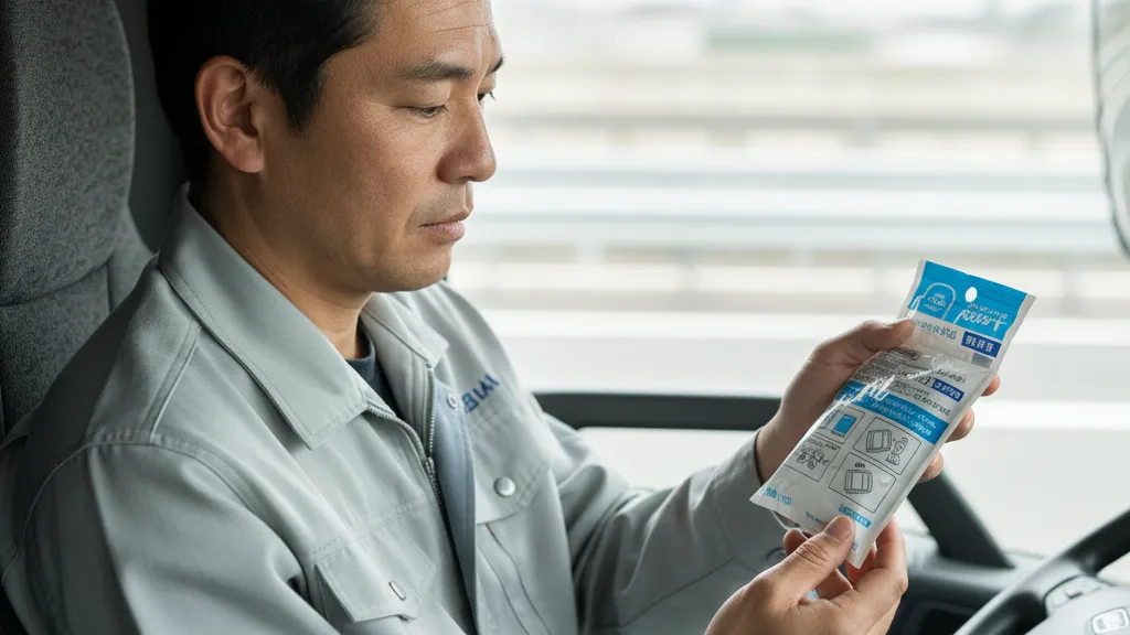 トラックの運転席で、携帯トイレを手に取り、説明書を読みながら使い方を確認している日本人男性トラックドライバー。