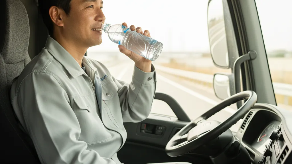 トラックの運転席で、冷えたペットボトル飲料を飲みながらリラックスしている日本人男性トラックドライバー。