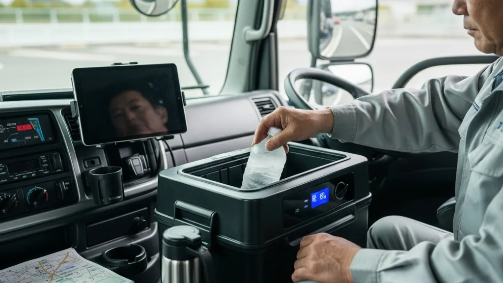 トラックの運転席に設置された車載保冷庫から、冷たいペットボトル飲料を取り出している日本人男性トラックドライバーの手元。