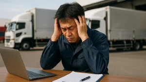 物流拠点の屋外で日本人の運行管理者がノートPCと書類の前で頭を抱える様子を広角で捉え、職務の重圧を象徴的に示す
