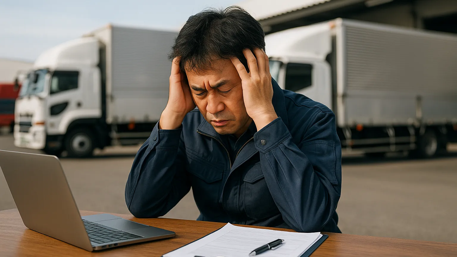 物流拠点の屋外で日本人の運行管理者がノートPCと書類の前で頭を抱える様子を広角で捉え、職務の重圧を象徴的に示す