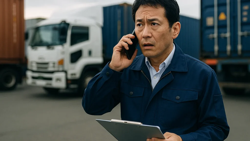 早朝の薄暗い事務所で、トラックドライバーの出発前点呼を行う運行管理者