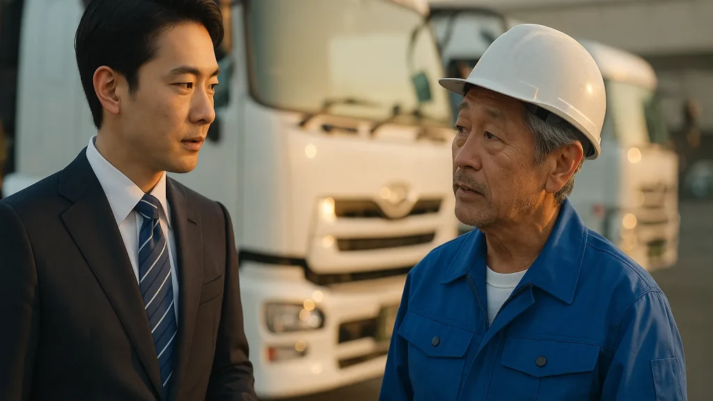 運行管理者がベテランドライバーと事務所で1対1の難しい話し合いをしている様子