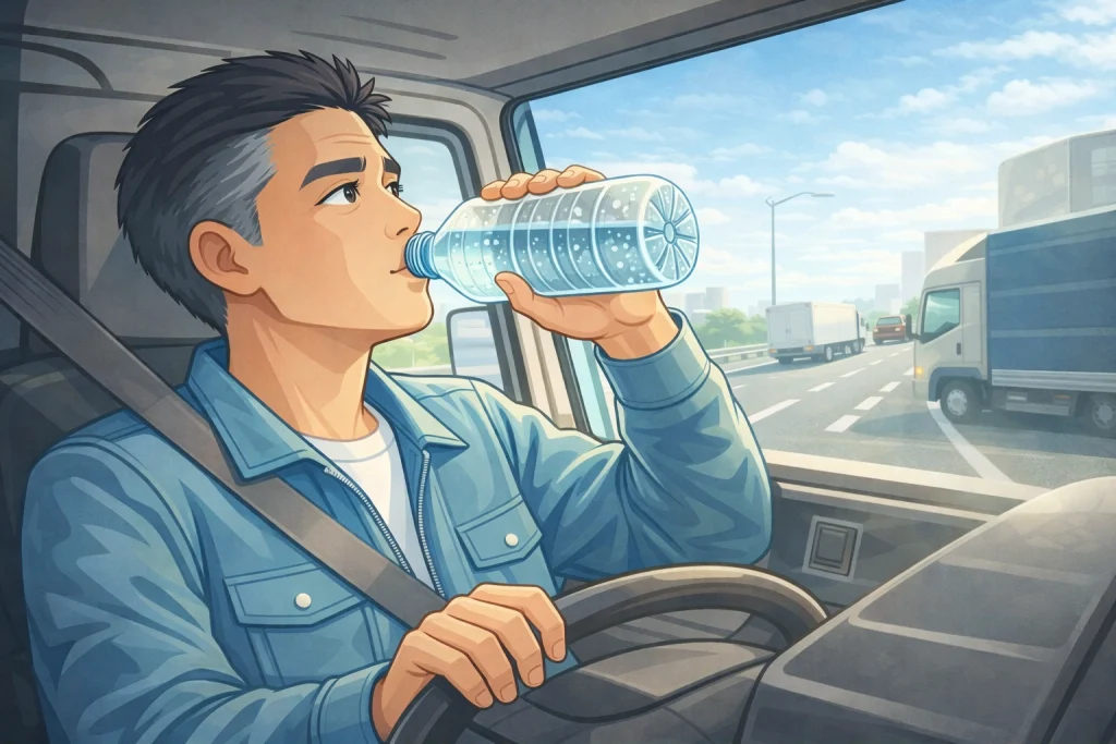 トラックドライバーが車内でペットボトルの水を飲んで水分補給しているイメージ