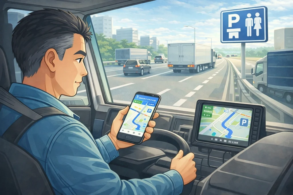 トラックドライバーがナビアプリで休憩場所や駐車場を探しているイメージ