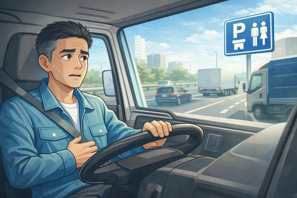 トラックドライバーがトイレを探して困っているイメージ