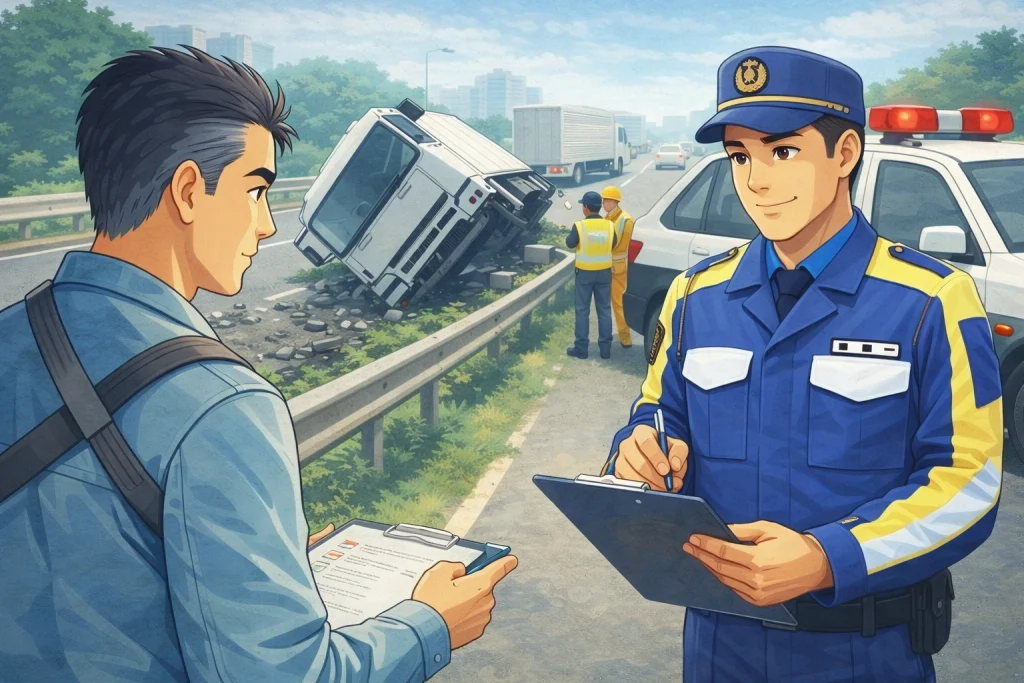 トラック事故対応で警察官と話す運行管理者のイラスト