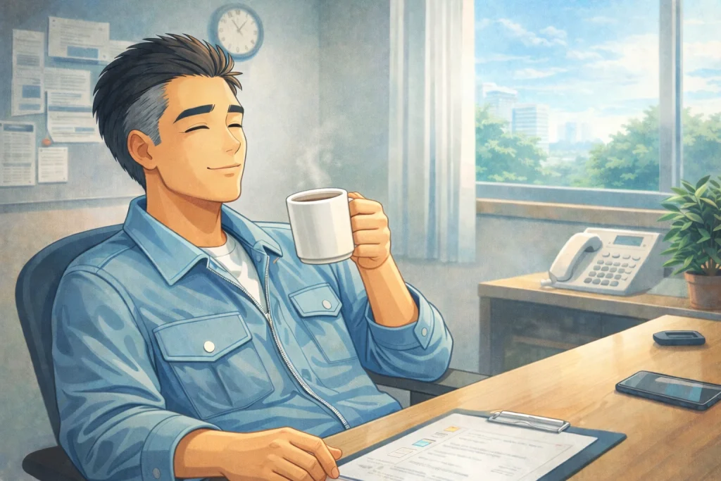 休憩してコーヒーを飲む運行管理者のイラスト