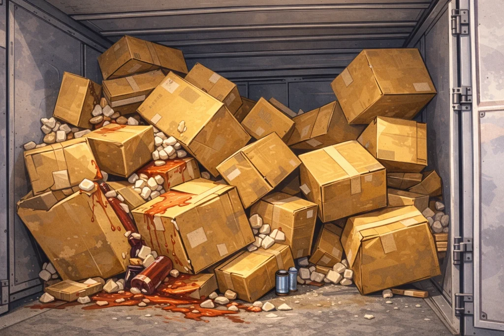 トラック荷台で荷崩れして破損したダンボール箱と散乱した貨物を描いたイラスト