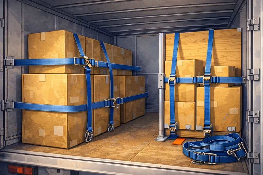 トラック荷台でラッシングベルトを使いダンボール貨物を固定している様子のイラスト