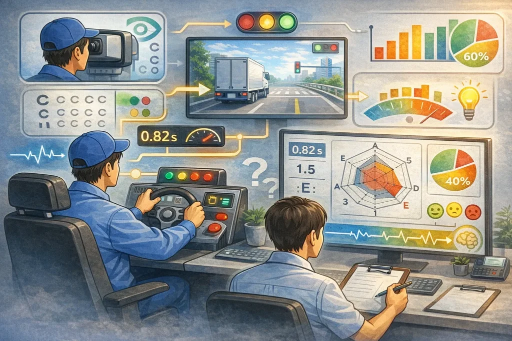 トラックドライバーの適性診断の検査内容や測定項目を示したイメージ図