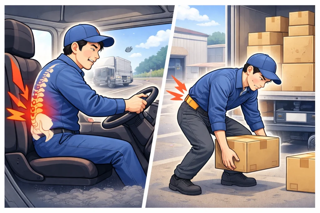 トラックドライバーが長時間運転と荷役作業によって腰痛になる原因を示したイラスト