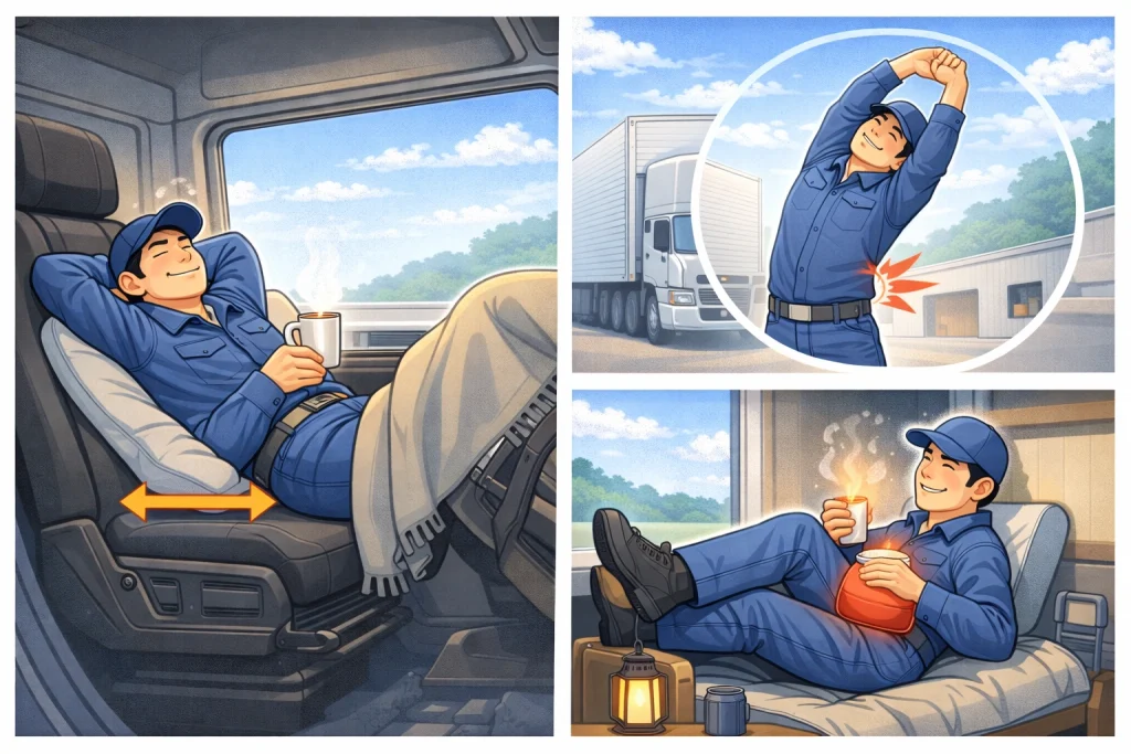 トラックドライバーが休憩中にストレッチや温めケアで腰痛対策をしているイラスト