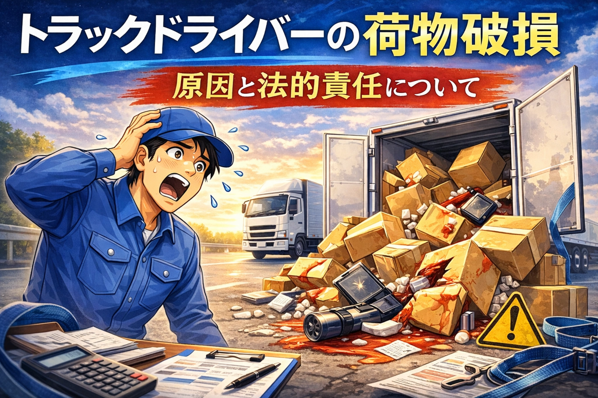 荷崩れで破損した荷物を前に驚く日本人トラックドライバーを描いたイラスト