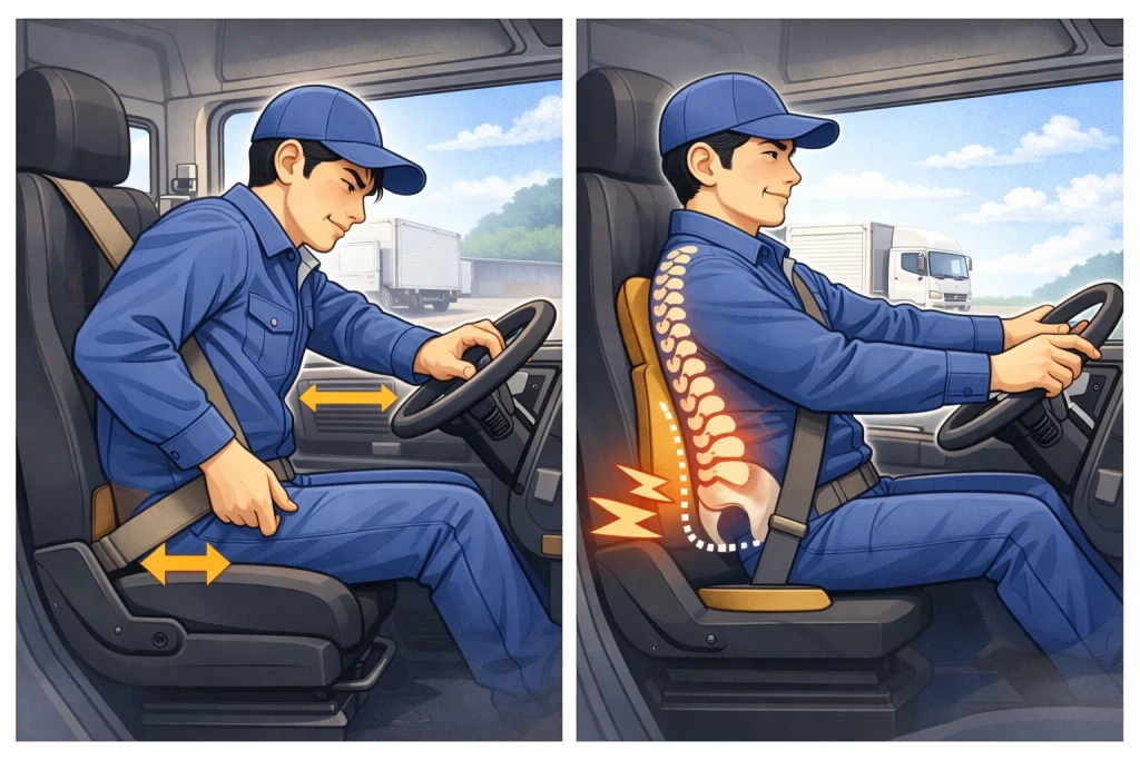 トラックドライバーの腰痛予防のための正しい運転姿勢とシート調整方法を示したイラスト