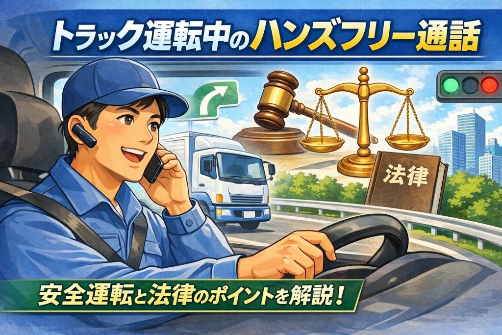トラックドライバーがハンズフリー通話をしながら運転する様子と法律・安全運転のポイントを解説するイラスト