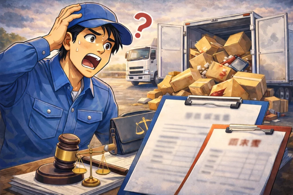 荷物破損事故の書類と裁判の象徴を前に困惑するトラックドライバーのイラスト
