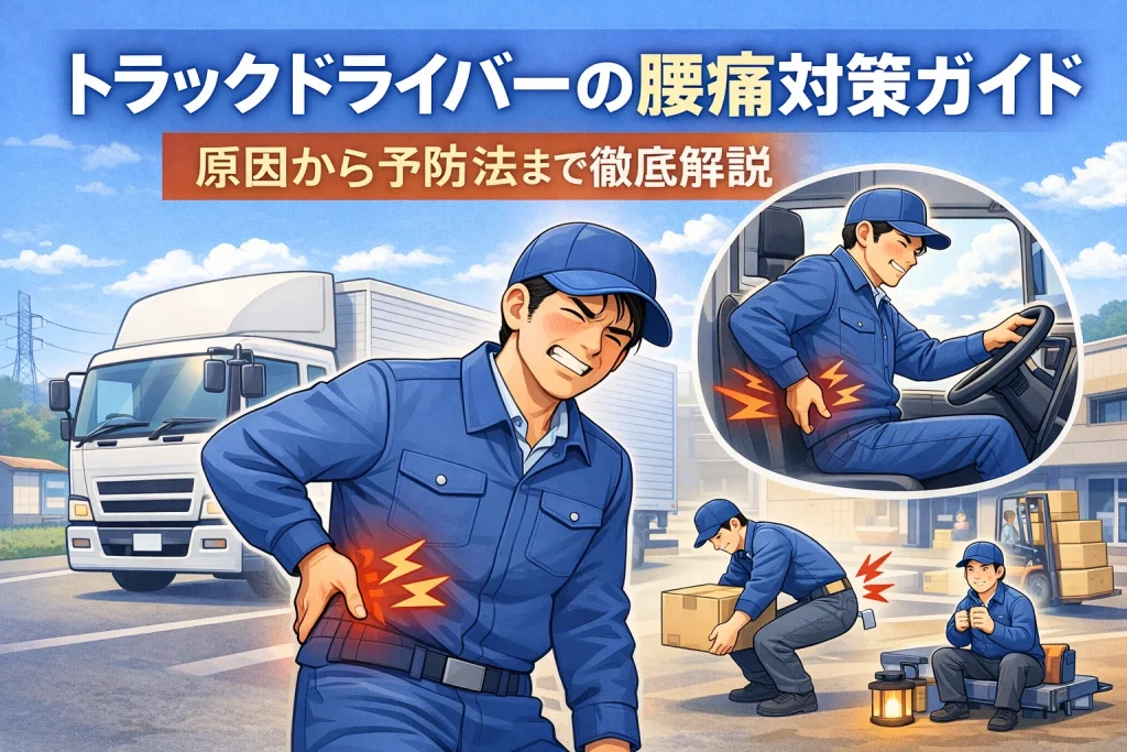 トラックドライバーの腰痛対策ガイドを解説するイラスト、運転姿勢や荷役作業による腰痛の原因と予防を示したアイキャッチ